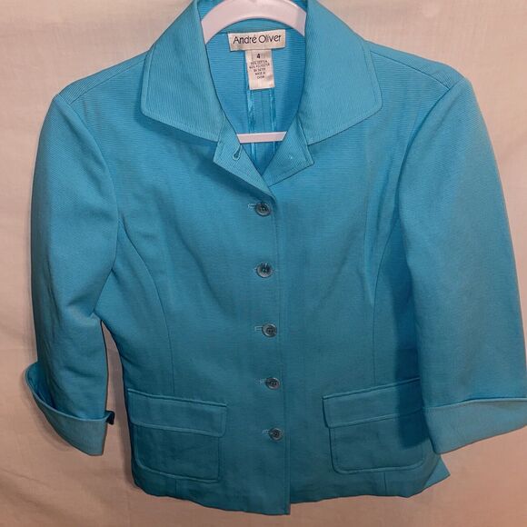 Andre Oliver Fashion Jacket Women’s Size 4 Blue Button Up Pockets - Picture 1 of 12